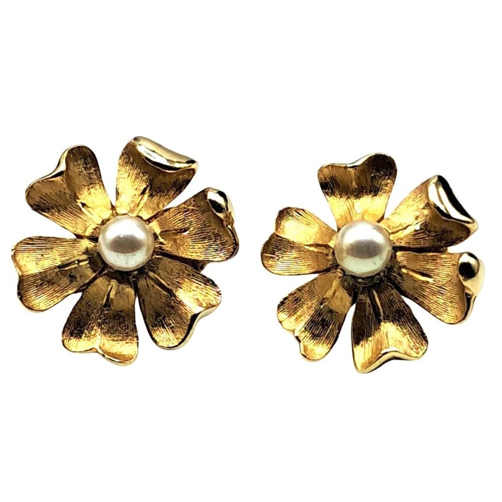 Vintage Vendome Flower Earrings Imitation Pearl Gold Tone Floral Clip Ons Signed